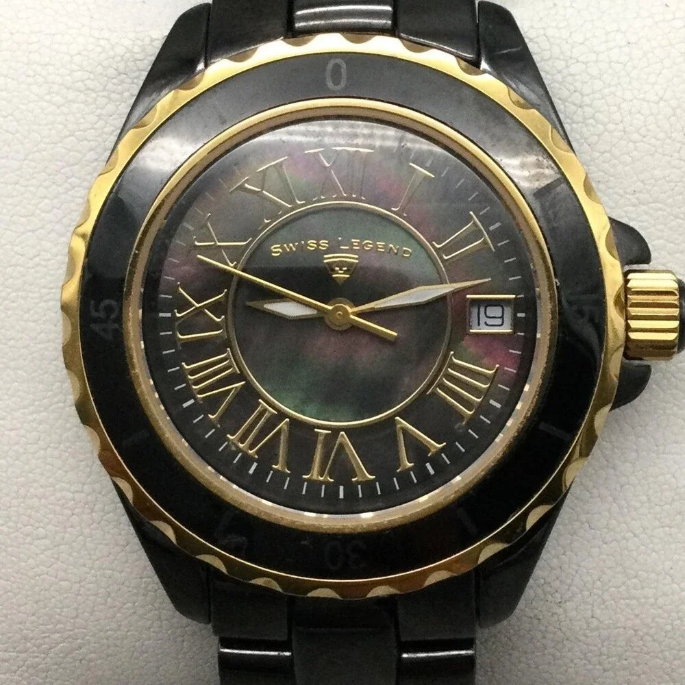 Swiss Legend Karamica Womens Watch 39mm Black Ceramic Gold New Battery 7.75